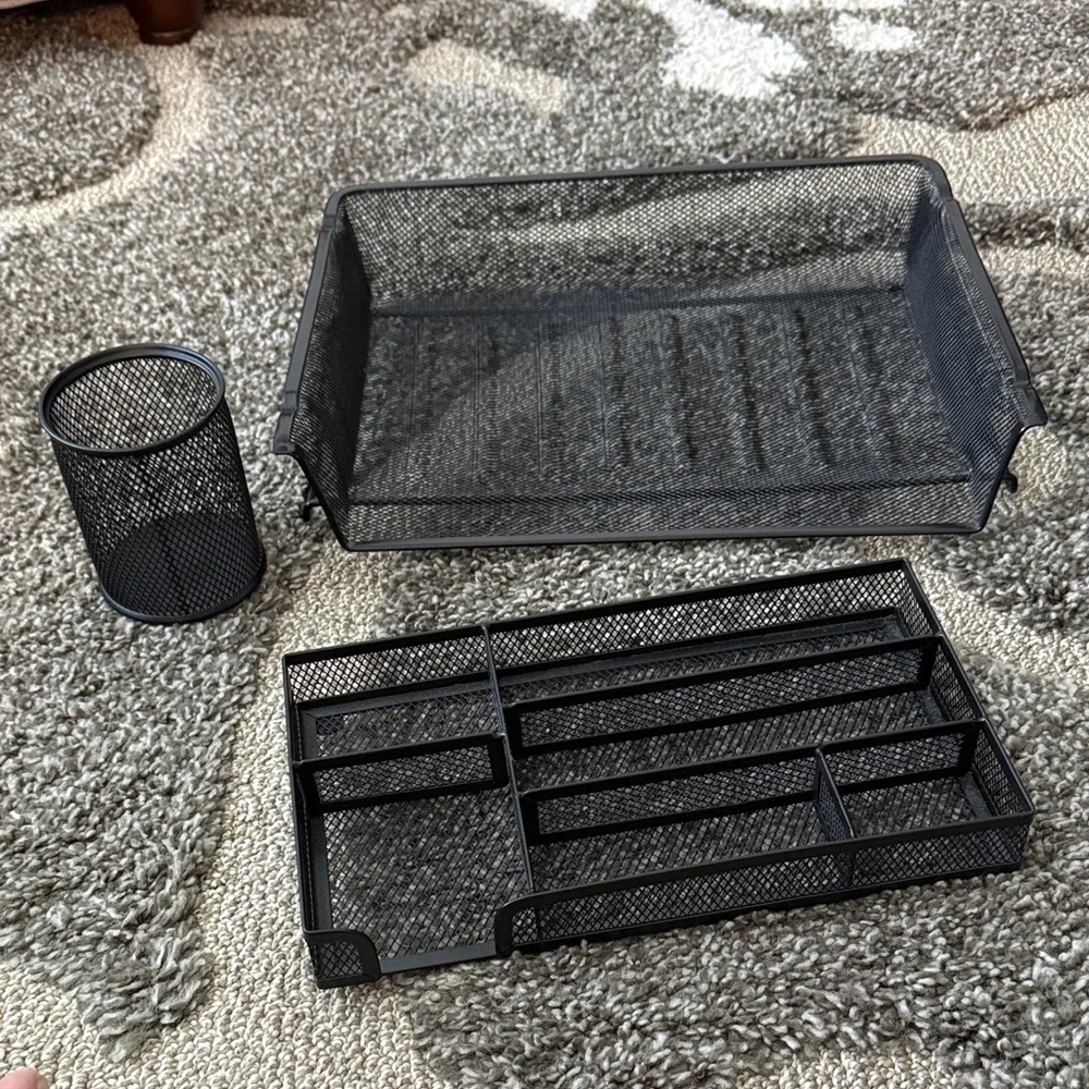 3-Piece Heavy Duty Black Mesh Desk Organizer set.